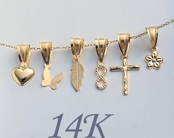 14K Solid Gold Charm Pendant Heart Butterfly Flower Leaf Infinity Cross Necklace Jewelry