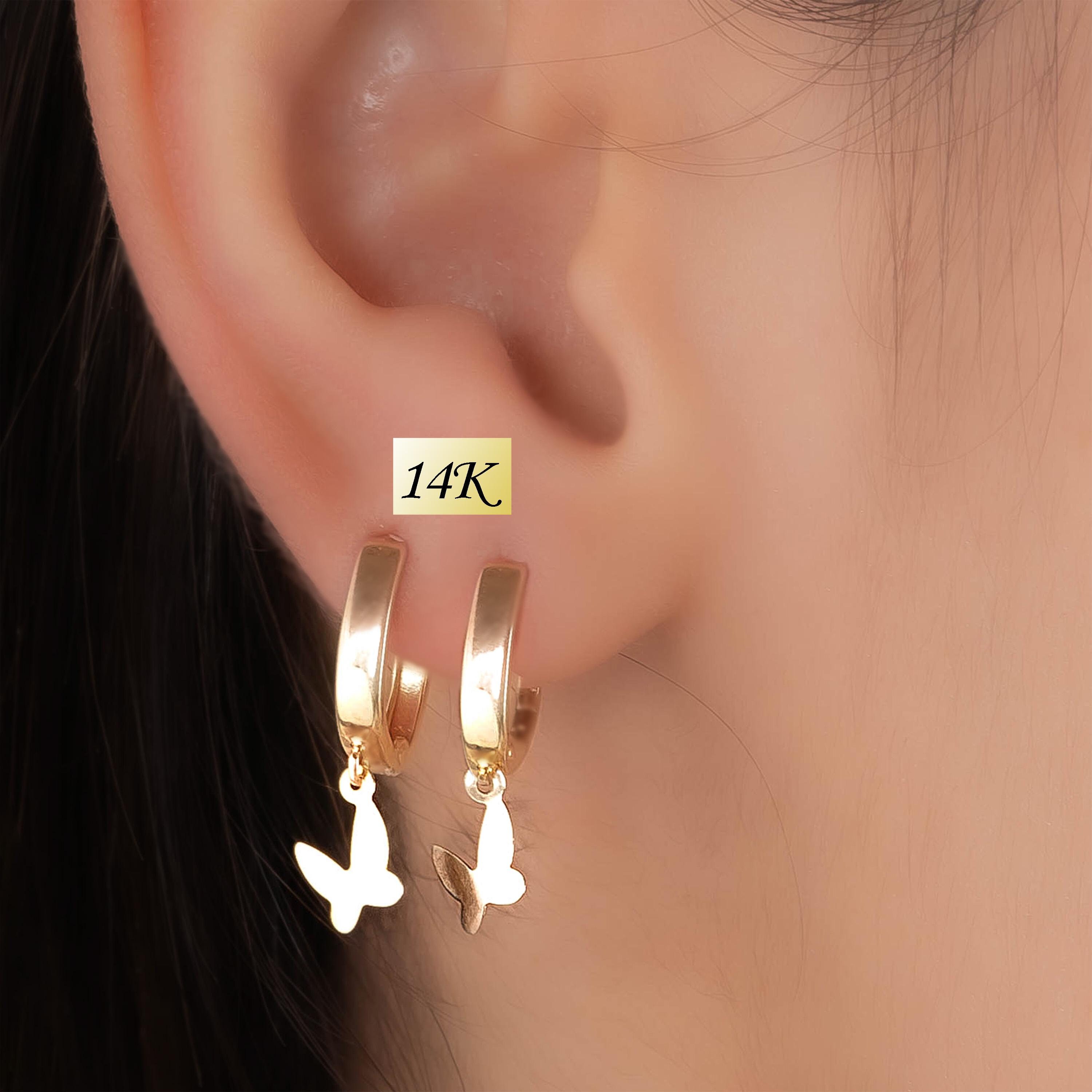 14K Butterfly Earrings Butterfly Dangle Earrings | Solid Gold Hoops | Butterfly Drop Earrings | Real Gold Huggie Butterfly Hoops