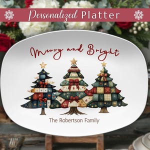 Personalized Tray Patchwork Christmas Tree Platter: Custom Name Unbreakable Holiday Plate, Unique Family Tableware