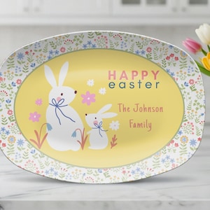 Personalized Easter Bunny Platter, Custom Family Name Serving Tray, Floral Kitchen Dish