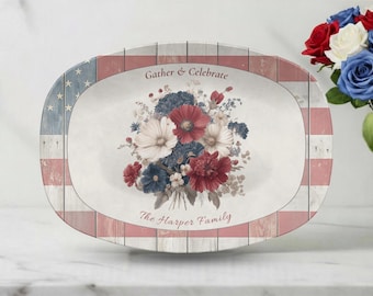 Personalized Patriotic Floral 4th of July Serving Platter, Farmhouse Americana Family Tray Decor Custom BBQ Host Plate Independence Day Gift