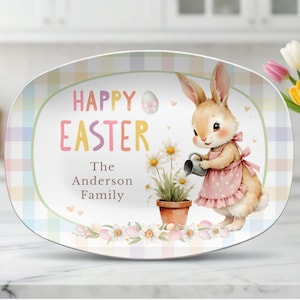 Personalized Easter Bunny Serving Platter, Custom Family Name Tray, Pastel Spring Kitchen Dish