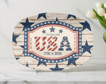 Customized Patriotic Platter for 4th of July Celebrations, USA Stars and Stripes Plate, American Independence 250 Years Keepsake