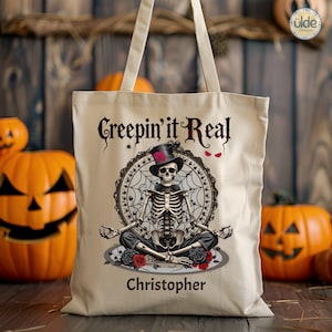 Personalized Halloween Skeleton Tote Bag: Gothic Cotton Canvas Trick or Treat Bag