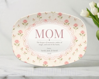 Personalized Mother's Day Platter | Custom Name Plate Rose Cottagecore Design | Heirloom Homeware, Gift for Mom, Grandma, Family Keepsake