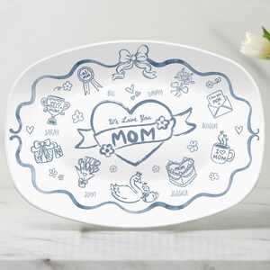 Personalized Mother's Day Platter | Custom Name Plate with Blue Doodle Design | Heirloom-Quality Gift for Mom, Grandma, Family Keepsake