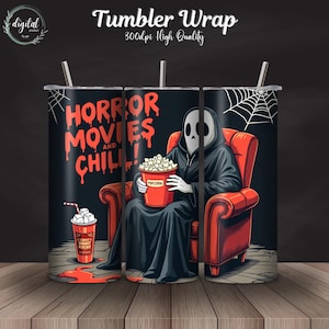Horror Movie 20 oz Skinny tumbler wrap, 20 oz Tumbler sublimation design, Scary horror halloween tumbler png.