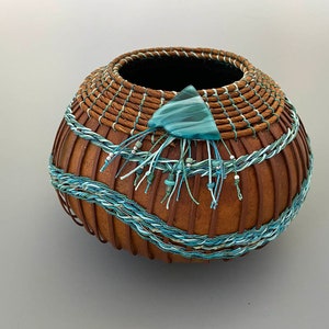 Gourd Bowl Shades of Teal and Turquoise Weaving Item 1278 by Susan Ashley image 1