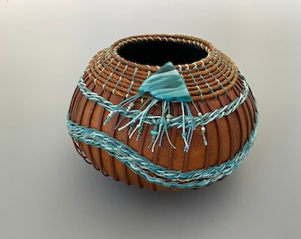 Gourd Bowl Shades of Teal and Turquoise Weaving - Item 1278 by Susan Ashley