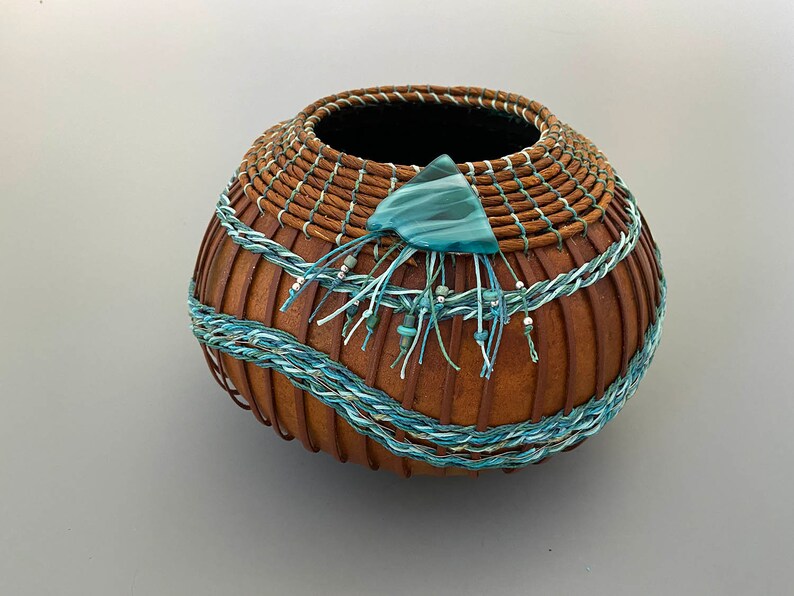 Gourd Bowl Shades of Teal and Turquoise Weaving Item 1278 by Susan Ashley image 1