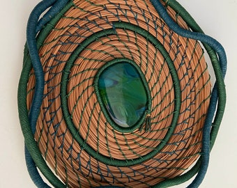 Green and Teal  Pine Needle Basket Around Handblown Glass - Item 1096 by Susan Ashley