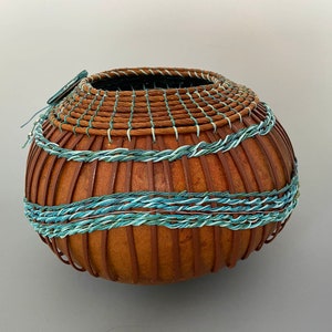 Gourd Bowl Shades of Teal and Turquoise Weaving Item 1278 by Susan Ashley image 3