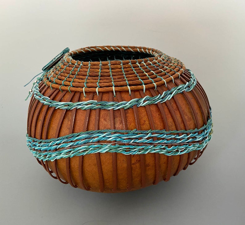 Gourd Bowl Shades of Teal and Turquoise Weaving Item 1278 by Susan Ashley image 3