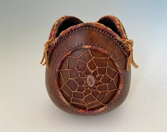 Gourd with Dreamcatcher and Leather Knots  - Item 1270 by Susan Ashley