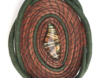 Green and Brown Pine Needle Basket with Glass Center- Item 671