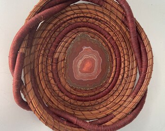 Brick Red and Brown Pine Needle Basket with Banded Agate Center- Item 608