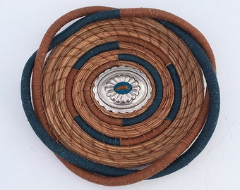 Teal and Honey Colored Pine Needle Basket Concho Center- Item 828 by Susan Ashley