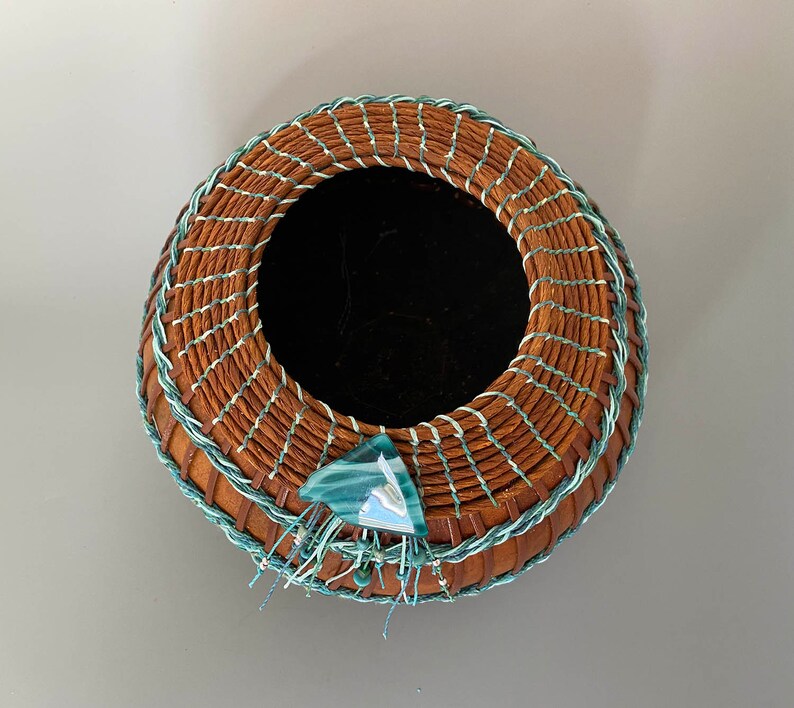 Gourd Bowl Shades of Teal and Turquoise Weaving Item 1278 by Susan Ashley image 2