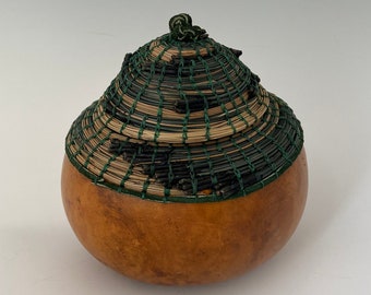 Lidded Gourd Bowl with Dark Green Pine Needles  - Item 1143 by Susan Ashley