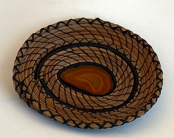 Pine Needle Basket  - Agate Slab Center - Item 1071 by Susan Ashley