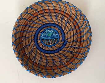 Small Blue Pine Needle Basket Around Beaded Center - Item 1268 by Susan Ashley