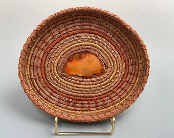 Pine Needle Basket with Brass Stand - Copper and  Agate Slab Center - Item 1262 by Susan Ashley