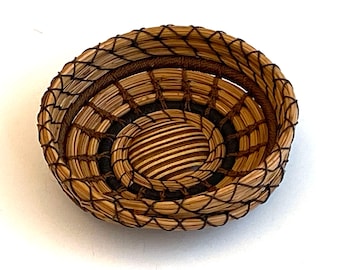 Pine Needle Basket  - Striped Wood Center - Item 1069 by Susan Ashley