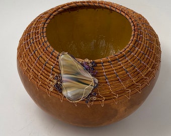 Gourd Bowl with Yellow, Blue, Violet Handblown Glass - Item 1127 by Susan Ashley