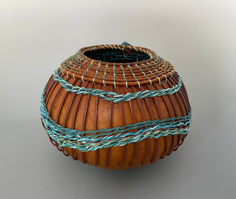 Gourd Bowl Shades of Teal and Turquoise Weaving Item 1278 by Susan Ashley image 5