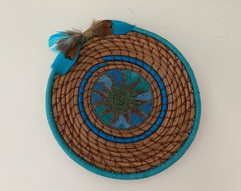 Turquoise and Blue  Pine Needle Basket Around Beaded Center - Item 1264 by Susan Ashley