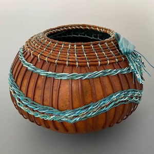 Gourd Bowl Shades of Teal and Turquoise Weaving Item 1278 by Susan Ashley image 6