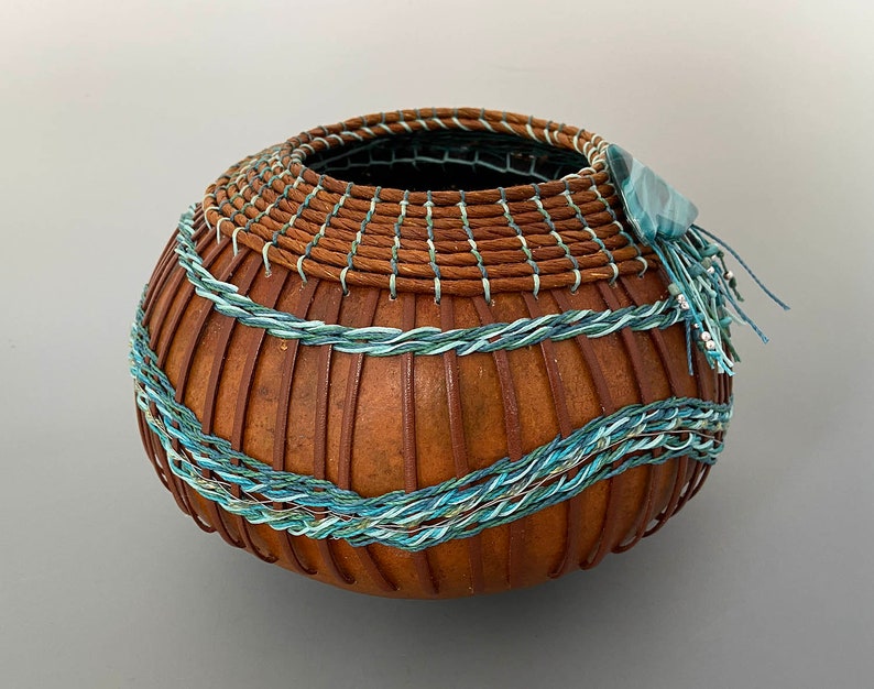 Gourd Bowl Shades of Teal and Turquoise Weaving Item 1278 by Susan Ashley image 6