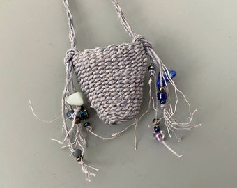 Blue/Gray Handwoven Waxed Linen Pouch Necklace - Item 1251