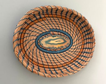 Pine Needle Basket  - Turquoise/Copper Agate Slab Center - Item 1261 by Susan Ashley