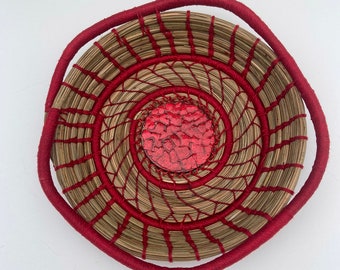 Pine Needle Basket / Red Eggshell Mosaic Center- Item 1019 by Susan Ashley
