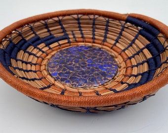 Pine Needle Basket / Navy Blue Eggshell Mosaic Center- Item 1020 by Susan Ashley