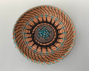 PineNeedle Basket with Beaded Turtle Center - Item 1277 by Susan Ashley