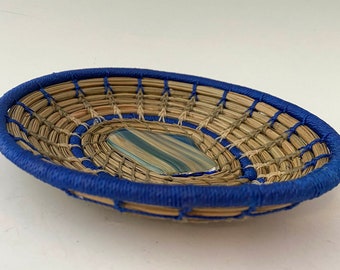 Green and Blue Pine Needle Basket Around Handblown Glass - Item 1279 by Susan Ashley