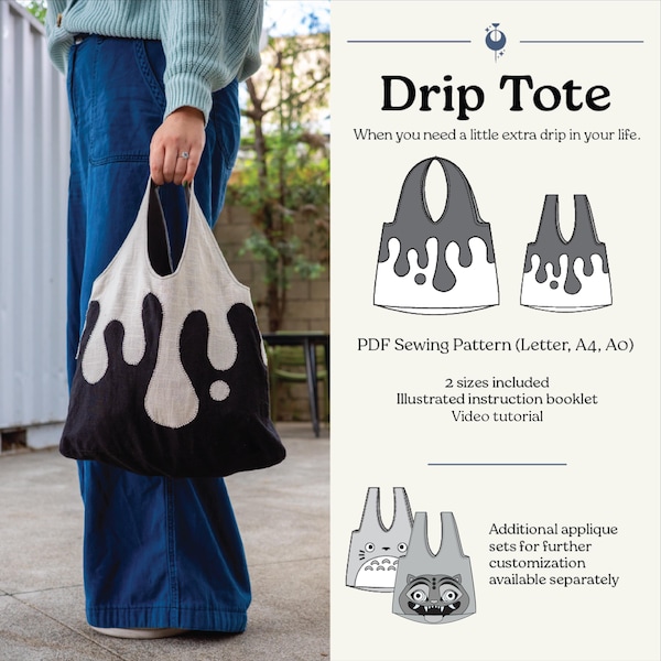 Drip Tote Bag Sewing Pattern: with Raw Edge Applique (PDF Pattern)