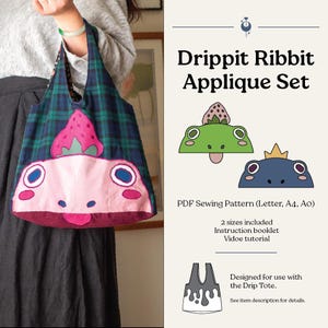 Puede incluir: Un patrón de costura PDF para un conjunto de aplicaciones Drippit Ribbit. El patrón incluye dos tamaños, un folleto de instrucciones y un tutorial en video. El patrón está diseñado para usarse con la Drip Tote. La imagen muestra una rana verde con una fresa en la cabeza, una rana azul con una corona y una bolsa de mano con una aplicación de rana rosa.