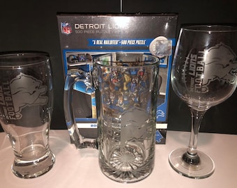 Detroit Lions Etched Engraved Wine Glass/Beer Mug/Pilsner Glass