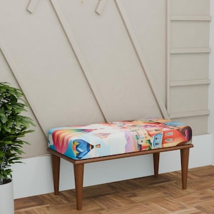 Air balloon print bench, Multicolor bench, Front door bench, Comfortable seat, Designer bench, Modern decoration, Ottoman footstool, 193