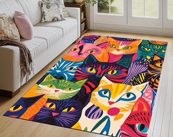 Colorful Cat Print Washable Area Rug for Living Room, Non Slip Floor Runner Mat, Modern Art Deco Primitive Design Thin Rug, Housewarming