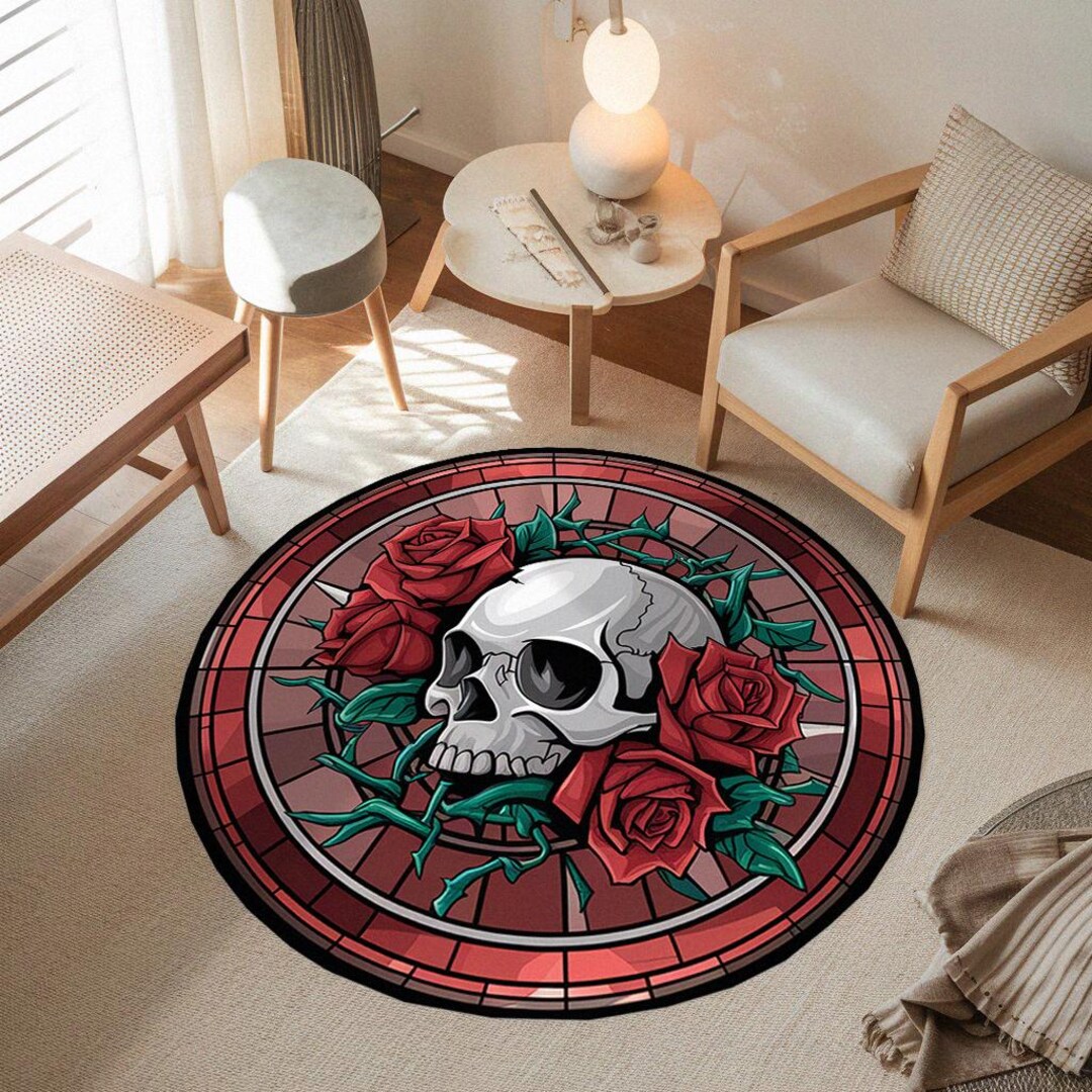 Round Gothic Rug Gothic Decor Rug, Rose Pattern Rug, Unique Skull Design Rug, Modern ...