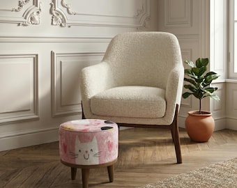 Round Ottoman Bench: Cat Print, Pink Upholstery - Versatile Footrest