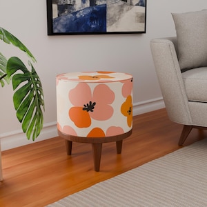 Minimalist footstool, Flower design pouf, Spring theme bench, Comfortable stool, Round ottoman chair, Dining area pouf, Livingroom footrest