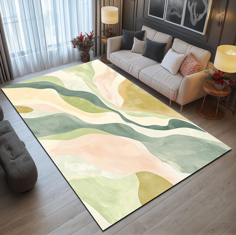 Sage green rug, Pastel at print, Minimalist design rug, Durable rug, Reading corner rug, Vanity rug, Washable rug, Non slip back rug, 451