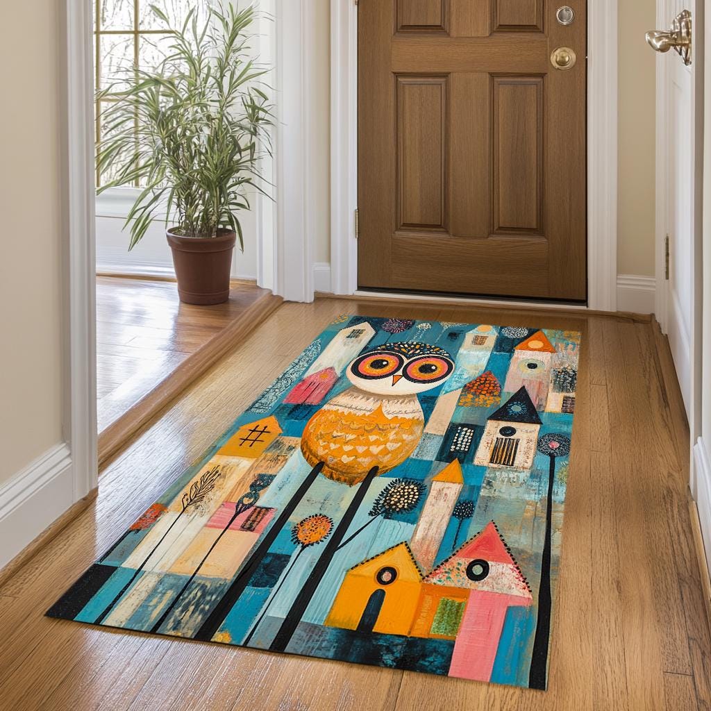 Owl print rug, Rug with houses, Front porch rug, Squirrel rug, Boy room rug, Custom rug, Washable ru