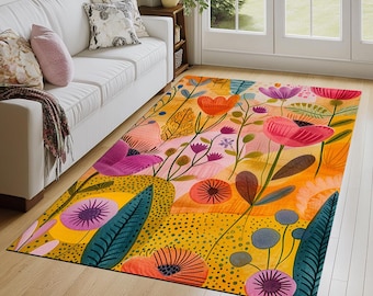 Floral design rug, Living room rug, Colorful printed rug, Machine washable rugs, Anti slip rug, Housewarming gifts, Utility rugs, 219