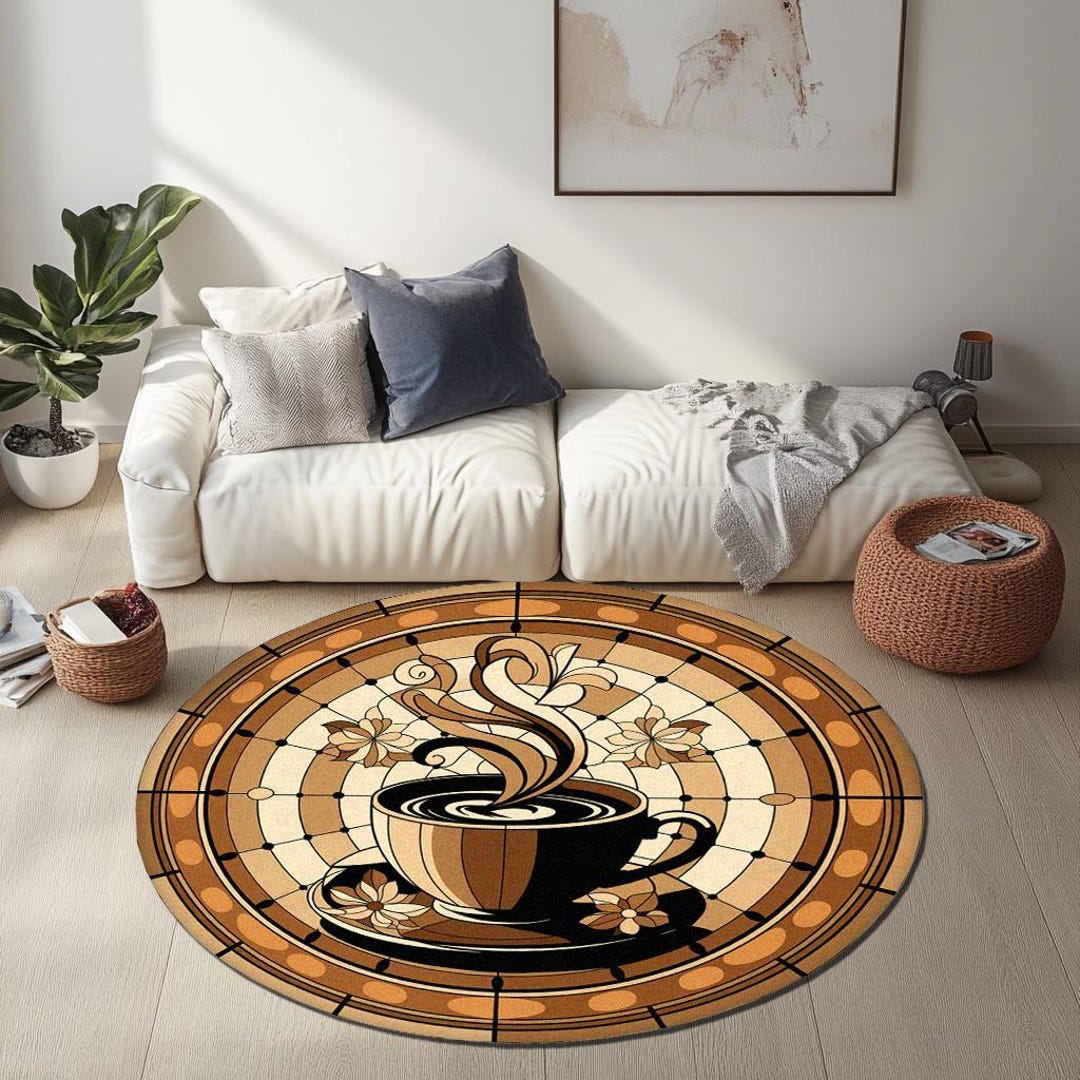 Coffee Room Rug Coffee Cup Round Rug – Cozy Cafe Vibes Stained Glass Carpet – Barista ...